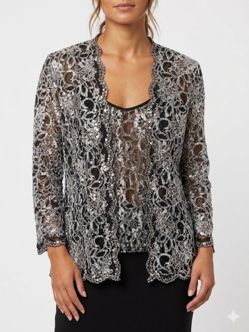 Emma Street NWOT Black Lace Jacket with Metallic Silver Accents Open Stretchy